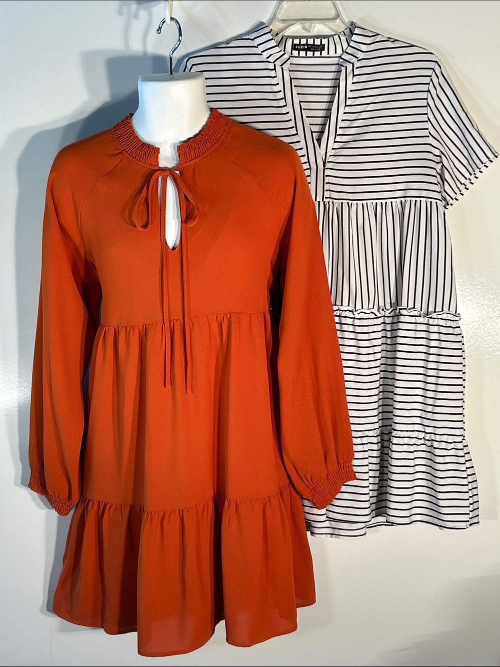 Shein (2) Dresses SZ L US 8-10 Babydoll Flowy Dresses Rust and Stripe Comfy